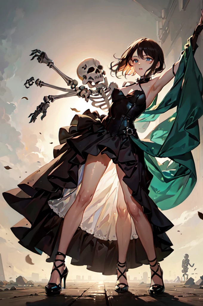 Woman dancing with a skeleton,dress,melancholy