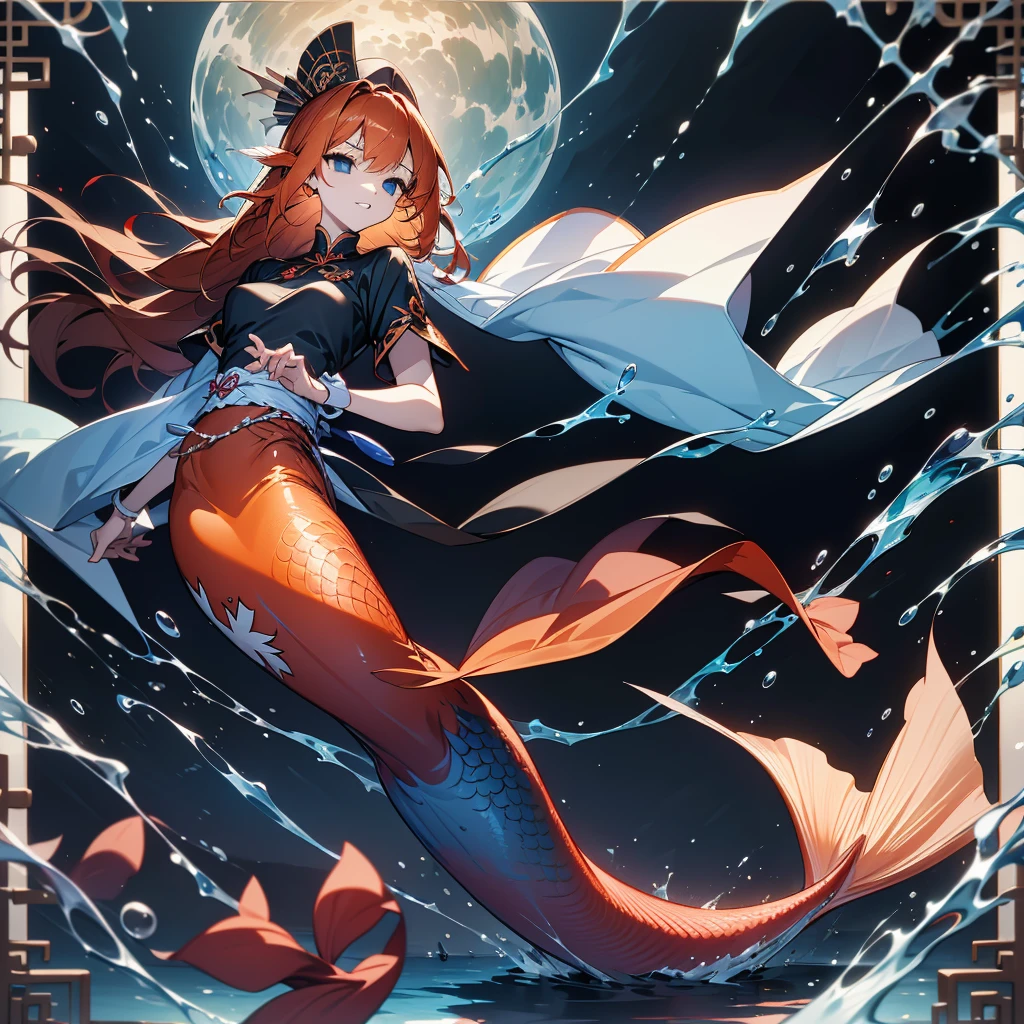 Long orange hair, mermaid,long tail, aquarium,big handcuffs(in taips and neck),hd,chinese dress,bed