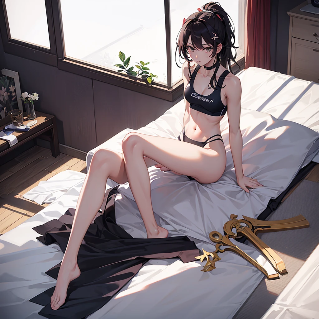 track and field uniform,hairpin,slender,glamorous,midriff peek,bare legs,crotch,cleavagte,cleavagte,lying on one’s back,lying on one’s back, spread legs,looking at viewer,focus on cleavage,focus on breasts,seductive pose,full body,Hires.fix,Bedroom,autochrome,