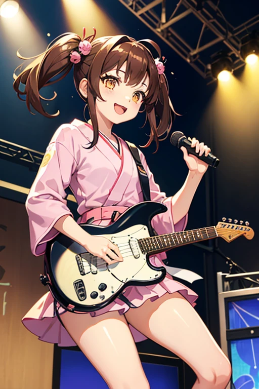 Active girl,She is an idol,She plays the electric guitar and sings.,pink kimono dress,Her hair is twin tails,Wear high socks,Singing on stage to an audience,live,In the spotlight,smile,Japanese-style hair ornament,She has yellow eyes,Her name is Benzaiten,She is actually a god,Brown Hair
