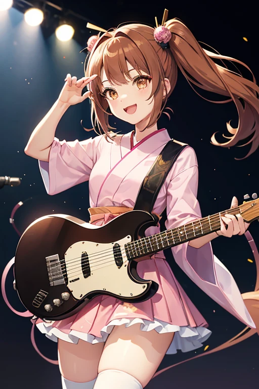 Active girl,She is an idol,She plays the electric guitar and sings.,pink kimono dress,Her hair is twin tails,Wear high socks,Singing on stage to an audience,live,In the spotlight,smile,Japanese-style hair ornament,She has yellow eyes,Her name is Benzaiten,She is actually a god,Brown Hair