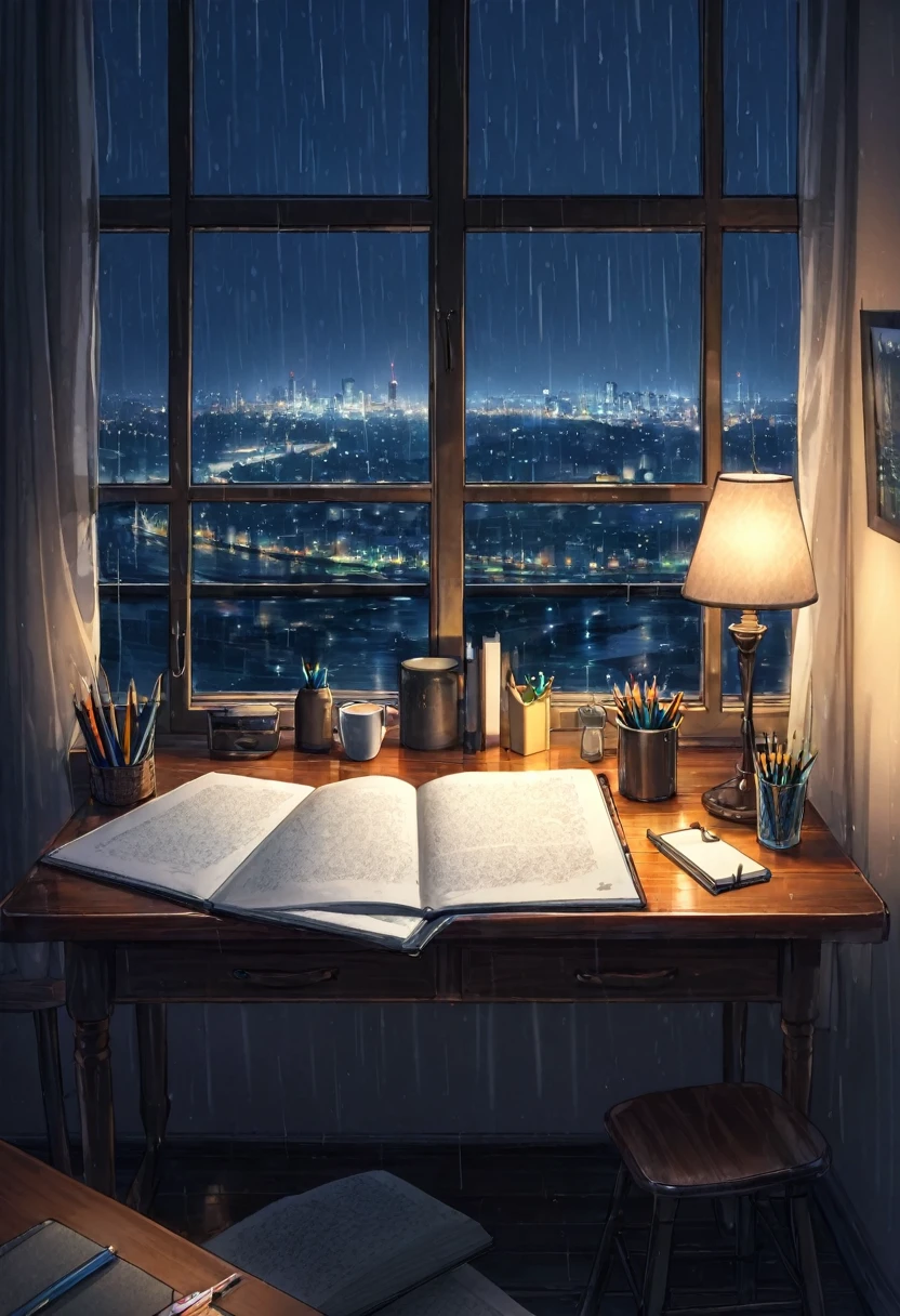 A highly detailed image of a cozy room table , a sketchbook and a pencil on the table , the table is beside a window with beautiful city view of the night , rainy weather 