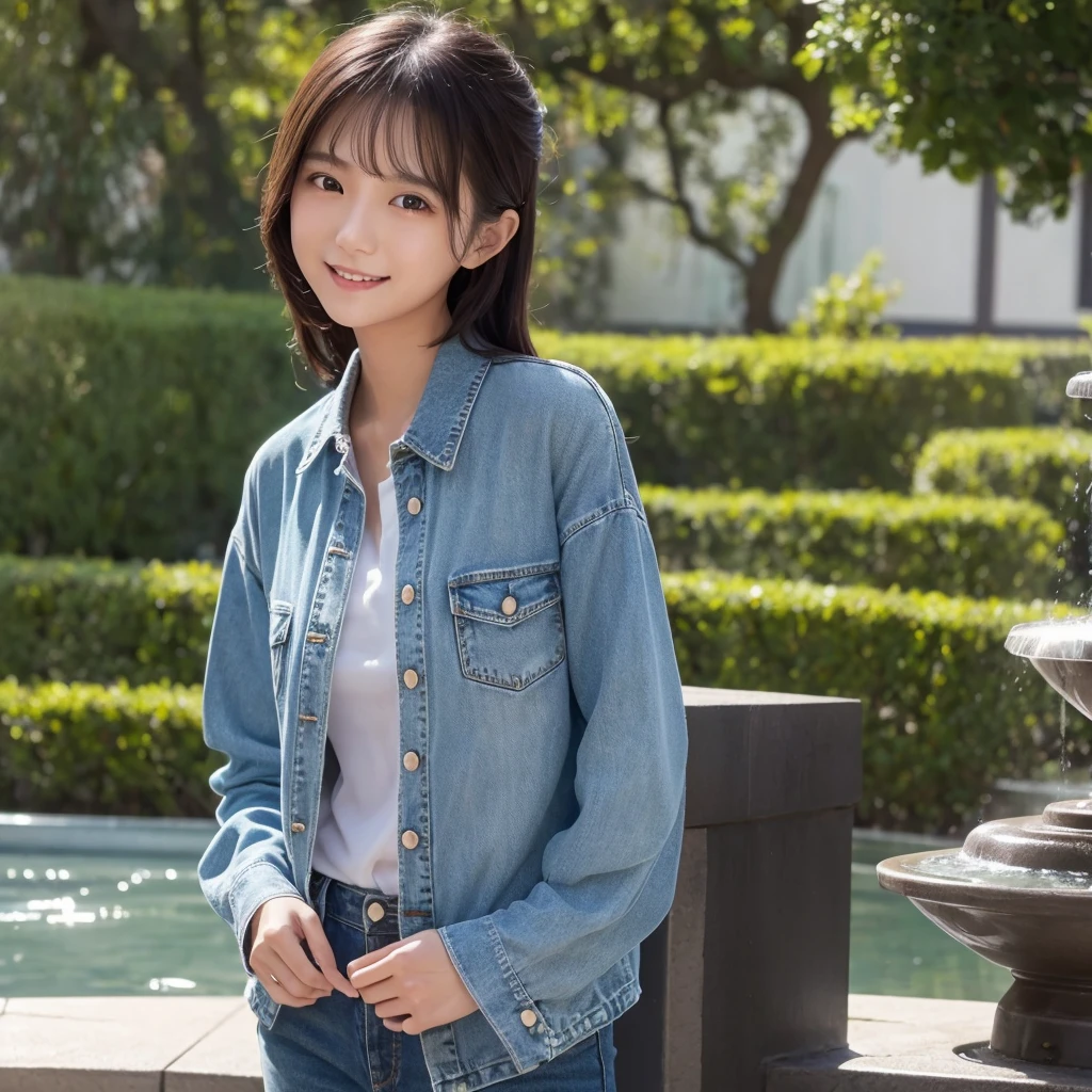 HD detailed, Super detailed, Realistic,Hyperrealism,Best image quality、Highest quality、masterpiece、Ultra-high resolution、8K、immature、Like the picture:1.5、Professional Lighting、Park fountain、Young Japanese Woman,Small face、Stylish、、Slender、、A kind smile、Wear a button-up denim long-sleeve shirt and jeans、Soaked clothes、Damp clothes、View from the side
