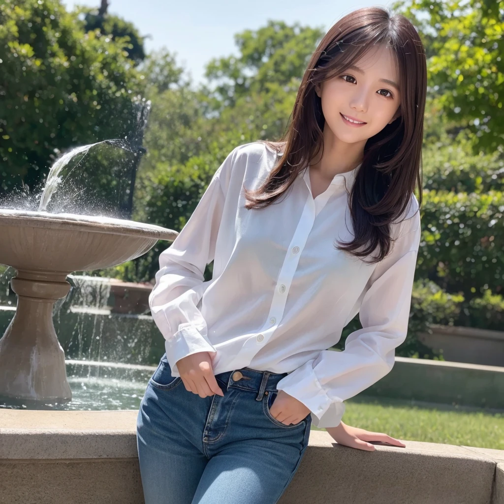 HD detailed, Super detailed, Realistic,Hyperrealism,Best image quality、Highest quality、masterpiece、Ultra-high resolution、8K、immature、Like the picture:1.5、Professional Lighting、Park fountain、Young Japanese Woman,Small face、Stylish、、Slender、、A kind smile、Wear a button-up denim long-sleeve shirt and jeans、Soaked clothes、Damp clothes、View from the side