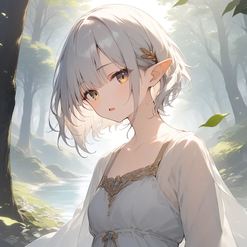 score_9, score_8_up, score_7_up, source_anime, best quality, masterpiece, official art, absurdres, highres, ultra-detailed,waifu2x,Collection: Slice of Life,break,1girl, elf, short hair, slender, androgynous,expressionless, small breasts, beautiful detailed eyes, fashion, sweat, open mouth, sleepily, outdoors, forest, spring,break,(clear line illustration:1.2), super detailed skin,very high resolution, very aesthetic, Best sexual lighting powered by famous artist, 8k,cute picture,beauty illustration,photoshop_(medium),,(Detailed Lighting),best anime 8k konachan wallpaper, pixiv contest winner,