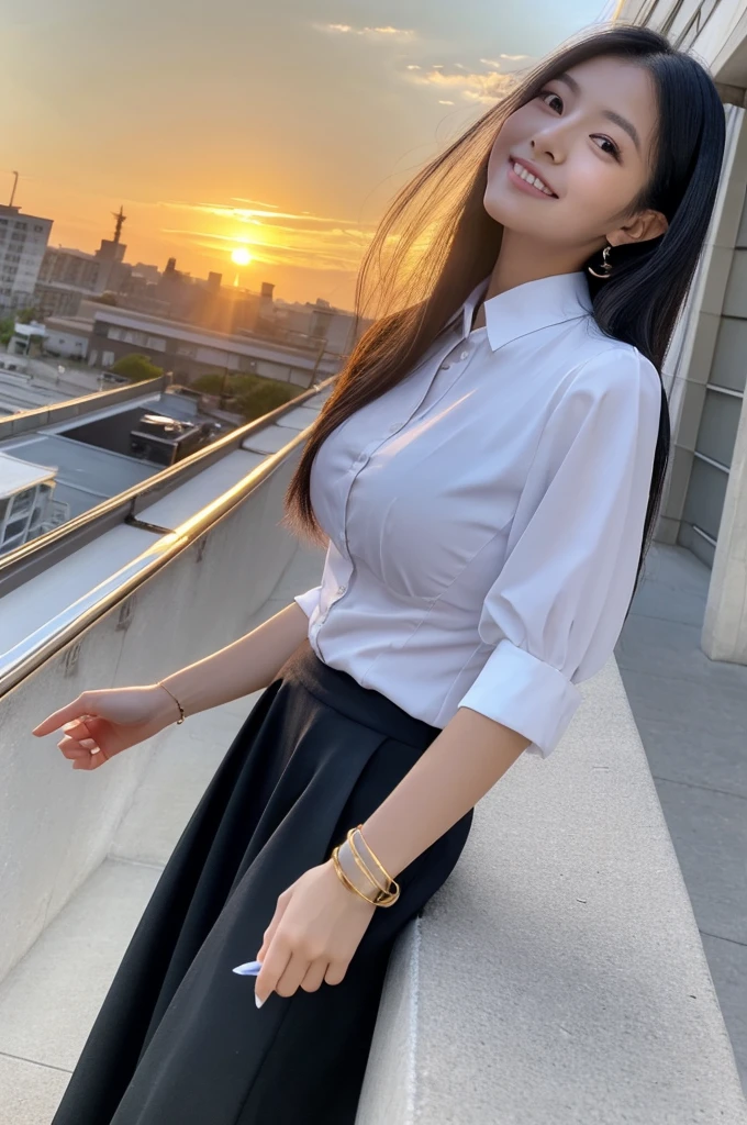 Rooftop of university building, 4th year university student, ((full body)), ((photo)), ((best qualtiy, 8K, tmasterpiece:1.3)), Focus:1.2, perfect figure beautiful girl:1.4, 1girl, cowboy shot, look at viewer, eyes facing the camera, incredibly absurd, beautiful and cute girl with a photorealistic face, showcasing top-quality craftsmanship, A Japanese girl watching the sunset on the roof of a university building, 19 years old, long, straight, silky black hair, fair skin, big eyes, thin eyebrows, double eyelids, long eyelashes, pink lips, smile, devilish smile, gorgeous features, well-defined facial features, beautiful face line, mysterious beauty, slender, tall, well-balanced proportions, large E-cup breasts, white shirt, tight black skirt, beige pumps, gold necklace and bracelet, small earrings, elegant ring, pretty girl, beauty, devilish type, pretty older sister, passionate about art, sociable, friendly, positive, has leadership skills, is proactive, is flexible, gets things done efficiently, works hard towards dreams and goals, March