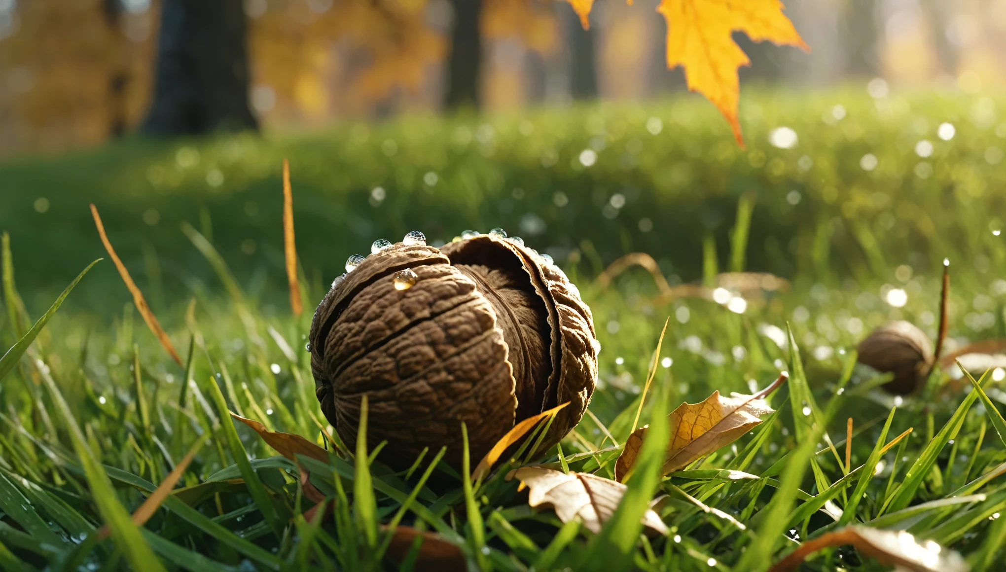 there is a walnut that is sitting on the grass, nature documentry footage, youtube video screenshot, today's featured photography 4k, autumn rain turkel, nature photography 4k, november, cinematic widescreen shot, leaves and magic, high quality screenshot, 2 0 2 1 cinematic 4 k framegrab, wide screenshot、雪が薄く積もっている