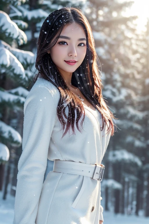 1 girl, Korean model, extremely beautiful, perfect body. The Canon EOS R5 200mm f/11 IS III USM camera adjusts to sharp shooting mode for landscapes and the whole body of characters. 8K photo quality, lifelike, masterpiece, sharpest and highest contrast, super realistic color photos. Her hair is pink, long and smooth, the wind blows it beautifully under the bright sunlight. Beautiful face, perfect and sexy, holy, perfectly proportioned, beautiful in every detail, ((shiny)), high-end cosmetic makeup. Bright smile, pure white teeth and details. Attractive glossy red lips, brilliant glossy red lipstick. Brown eyes, glossy, seductive, ((sharp makeup)), realistic, ((wet eyes)), detailed. Pink eyeshadow, long eyelashes, blush, high-end cosmetics. Two delicate eyelids, perfectly beautiful and detailed, black eyelashes. Eyebrows are curved, sparse, sharp and detailed. High and detailed nose. Cheeks are prominent and detailed. ((Bright white skin)), detailed pores, shiny skin, smooth skin. Long, shiny legs. Hands are beautiful, perfect, ((no flaws)), no defects. Complex light, yellow-black rays, ((lights the face)), sparkling sunlight, ((lights the girl's body)). Gold and silver earrings, diamond necklace, emerald belt, Rolex watch.
Slim-fitting jacket dress above the knee, snowy pine trees, snowflakes, fog, cold air, cinematic lighting, dramatic silhouettes, fantasy, depth of field, volumetric lighting, covered trees Falling snow, snow falling in hair, beautiful background scenery, detailed background, super detailed. ((Full body photo of girl)) standing in a pine forest filled with white snow.