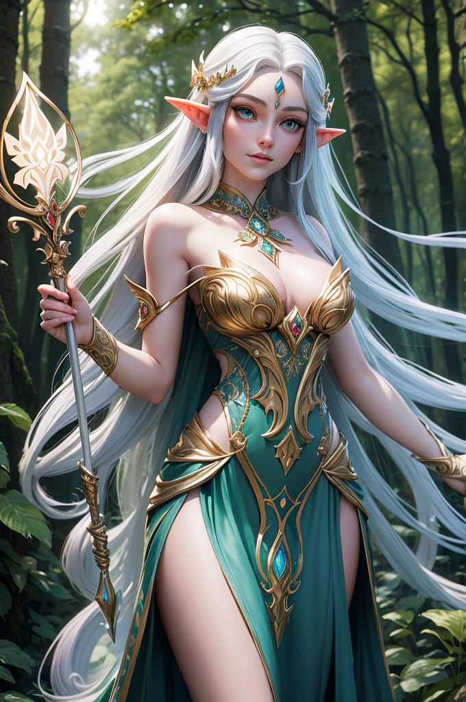 elfa
A beautiful elf with long flowing silver hair, piercing emerald eyes, and delicate pointed ears. She has a slender and graceful figure, dressed in a flowing ethereal gown made of shimmering moonlight fabric. The gown is adorned with intricate silver embroidery and delicate floral patterns, adding to the enchanting aura surrounding her. The elf is standing amidst a magical forest, with sparkling fairy lights illuminating the surroundings. The vibrant green leaves of the towering trees create a mesmerizing backdrop. Sunlight filters through the branches, casting ethereal rays of golden light on the elf's radiant face. She holds a magical staff in her hand, which emits a soft glowing energy, revealing her strong connection with nature. The atmosphere is filled with a sense of serenity and tranquility. The colors in the scene are vibrant and saturated, with a touch of mystical hues, enhancing the magical ambiance. The lighting is soft and gentle, with a warm golden glow, creating a dreamlike and otherworldly atmosphere. The image quality is of the highest standard, with ultra-detailed rendering capturing every intricate detail of the elf's features and the surrounding environment. The overall style of the image is fantasy art, with a blend of realism and a touch of surrealism, capturing the essence of the mystical and enchanting world of elves.