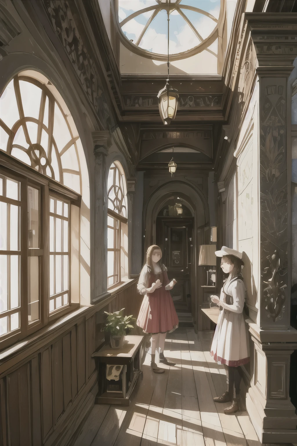 a detailed fantasy scene of three young girls exploring an ancient, mysterious house, detailed eyes and faces, highly realistic, photorealistic, 8k, hyper detailed, beautiful intricate architecture, crumbling ruins, sunlight filtering through windows, cobwebs, dust motes, antique furniture, ornate details, sense of adventure and discovery, warm color tones, dramatic lighting