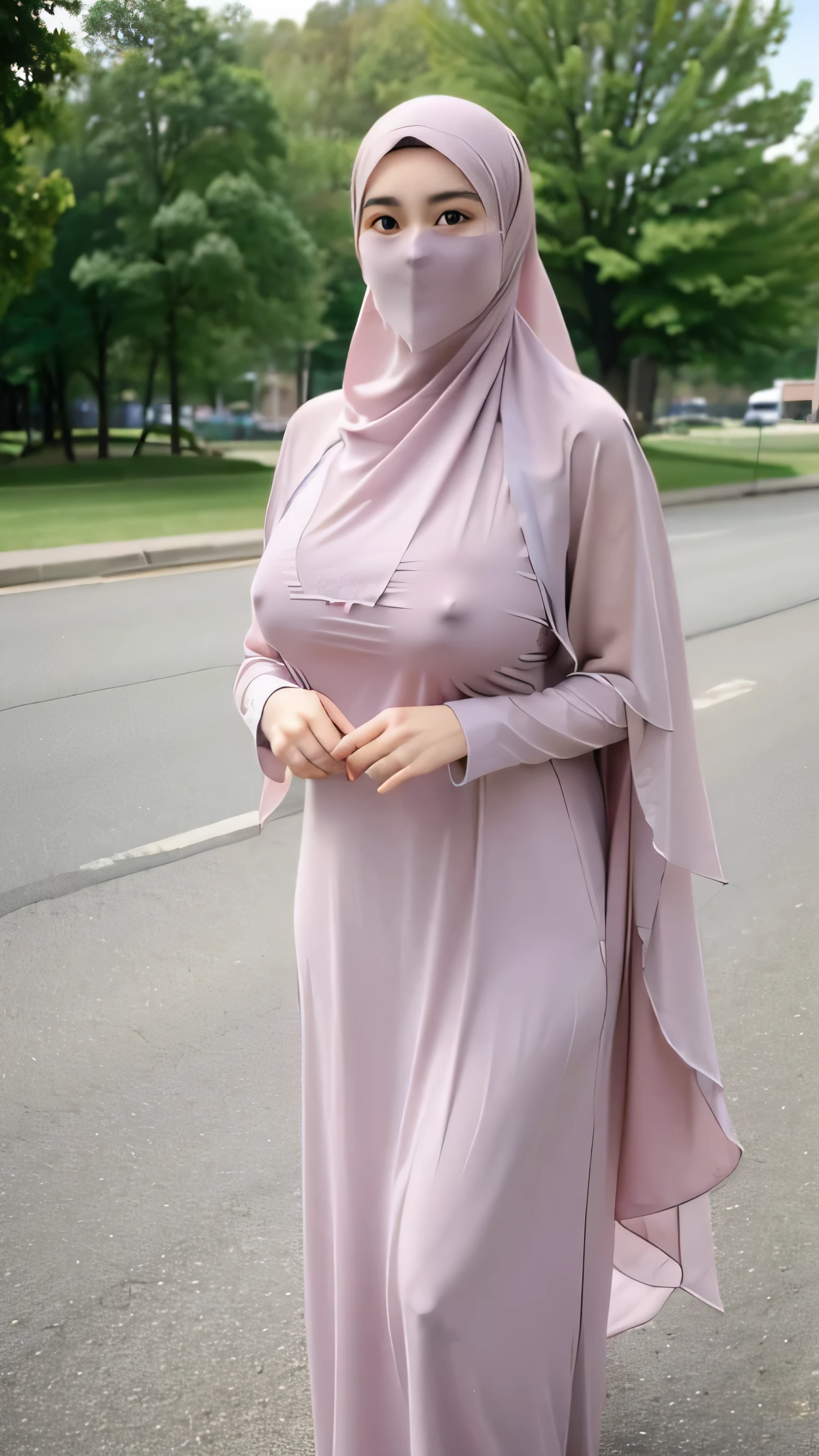 a beautiful young woman hijab, (((super big breast))), (very big breast covered), (Big breast), bare breast, perfect face, (((very huge big breast,))), ((( Big Breast))) long dress muslim, (((covering mouth, long veil))), Slim Face、20 years old, stil young, Pretty Lady, smile eyes, stand up, (big breast covered) , see full body, park