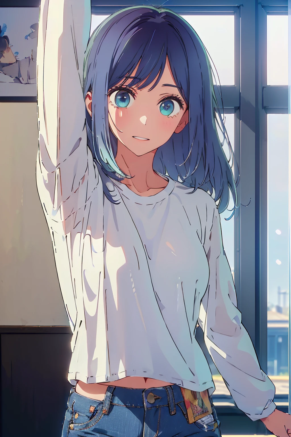(Highest quality:1.4、masterpiece:1.4、Super detailed:1.4、8K:1.4)、((((1 person、Surprised expression、Dance Studio、White long sleeve T-shirt、denim、Long Hair、Big eyes、Very cute face))))、F cup bust、Medium breast