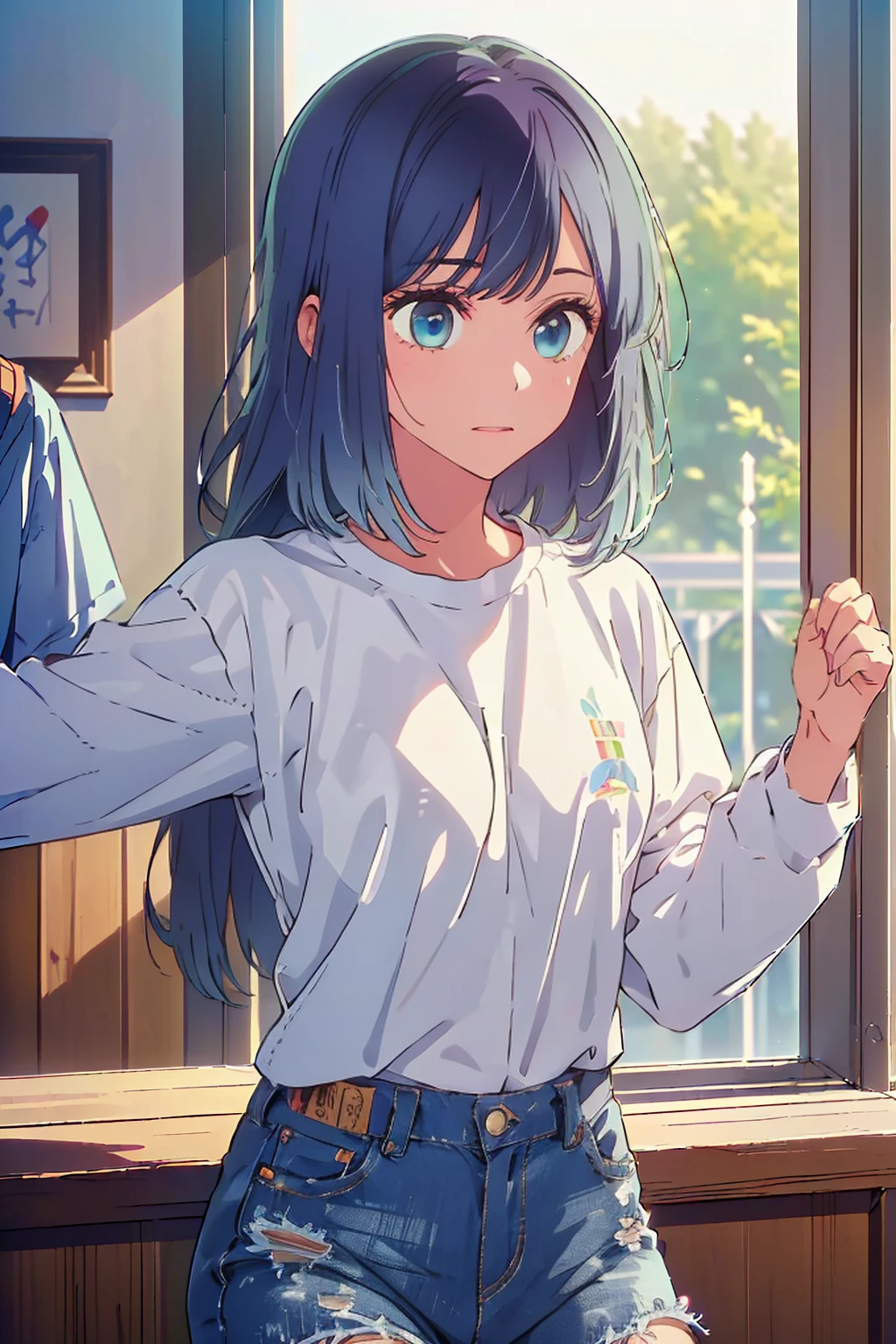 (Highest quality:1.4、masterpiece:1.4、Super detailed:1.4、8K:1.4)、((((1 person、Surprised expression、Dance Studio、White long sleeve T-shirt、denim、Long Hair、Big eyes、Very cute face))))、F cup bust、Medium breast