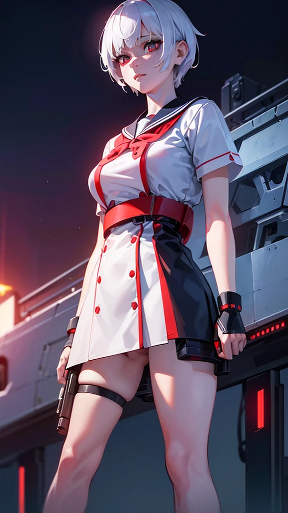 a girl with short white hair, red eyes, wearing a mechanical sailor uniform, standing in a night sky with neon colors and lights, holding two pistols and looking up diagonally, (best quality,4k,8k,highres,masterpiece:1.2),ultra-detailed,(realistic,photorealistic,photo-realistic:1.37),shallow depth of field