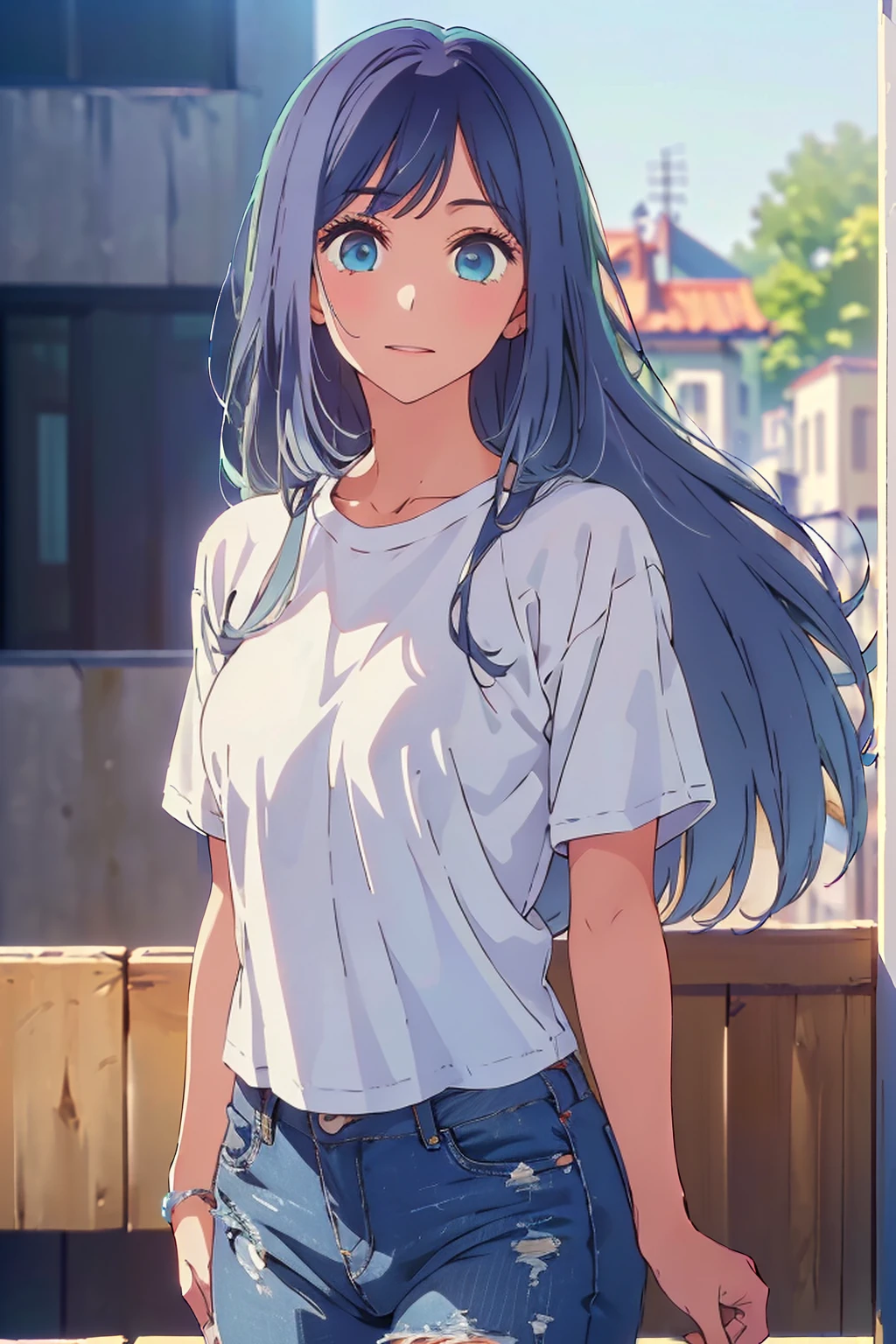 (Highest quality:1.4、masterpiece:1.4、Super detailed:1.4、8K:1.4)、((((1 person、Surprised expression、Dance Studio、Oversized white long t-shirt、denim、Long Hair、Big eyes、Very cute face))))、F cup bust、Medium breast