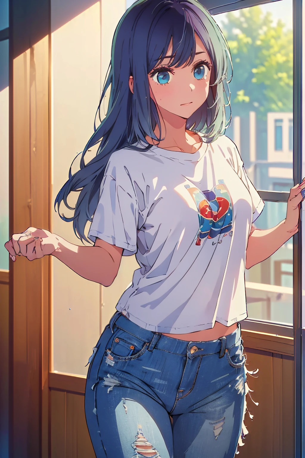 (Highest quality:1.4、masterpiece:1.4、Super detailed:1.4、8K:1.4)、((((1 person、Surprised expression、Dance Studio、Oversized white long t-shirt、denim、Long Hair、Big eyes、Very cute face))))、F cup bust、Medium breast
