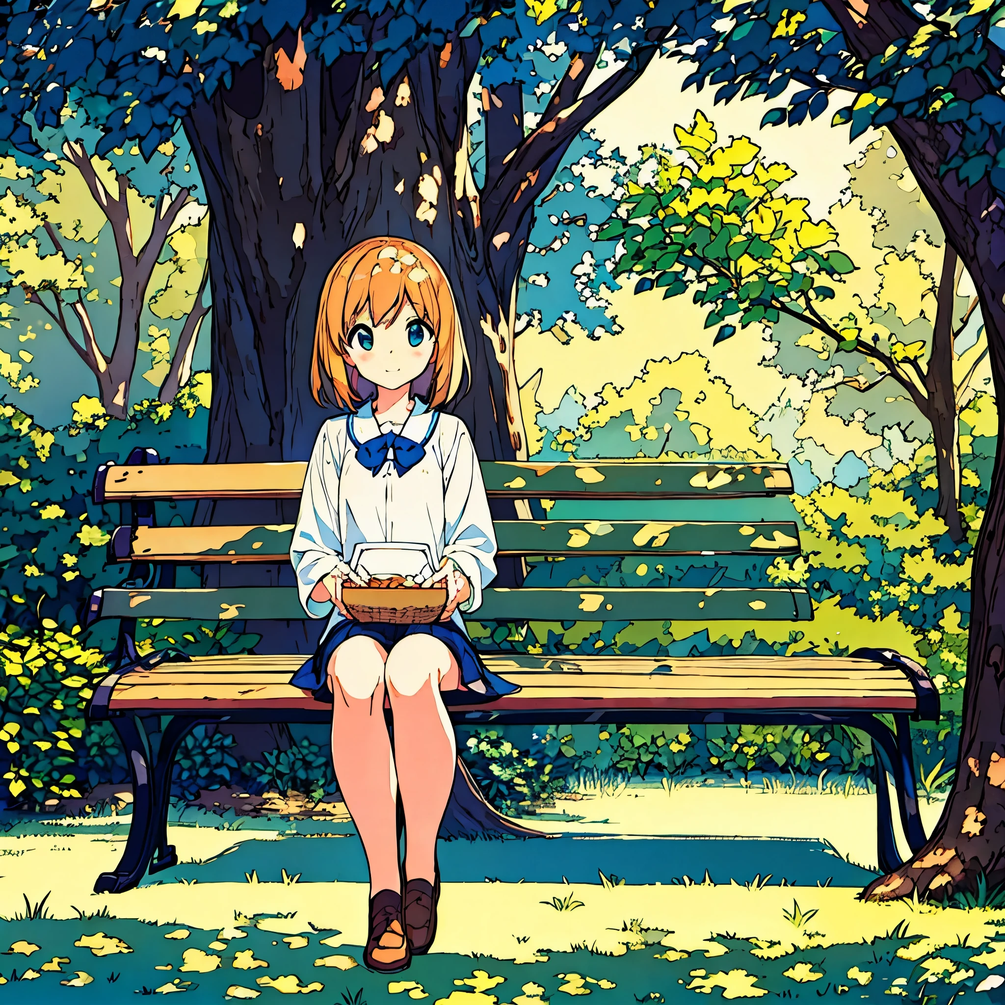Summer girl sitting on bench sunlight through the trees simple nostalgic