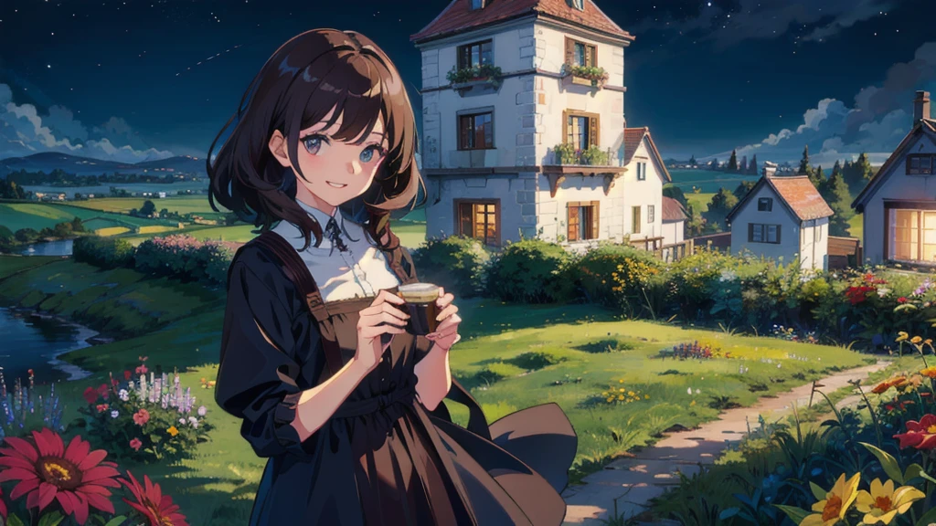 masterpiece,Highest quality,One Girl,The hair color is brown, Eye color: black, smile,countryside,Cityscape,night景,Flowers and plants,scenery,night,Light Perception,soft,