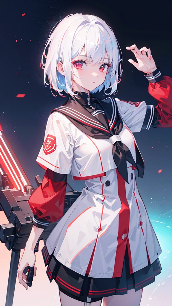 a girl with short white hair, red eyes, wearing a mechanical sailor uniform, standing in a night sky with neon colors and lights, holding two pistols and looking up diagonally, (best quality,4k,8k,highres,masterpiece:1.2),ultra-detailed,(realistic,photorealistic,photo-realistic:1.37),shallow depth of field