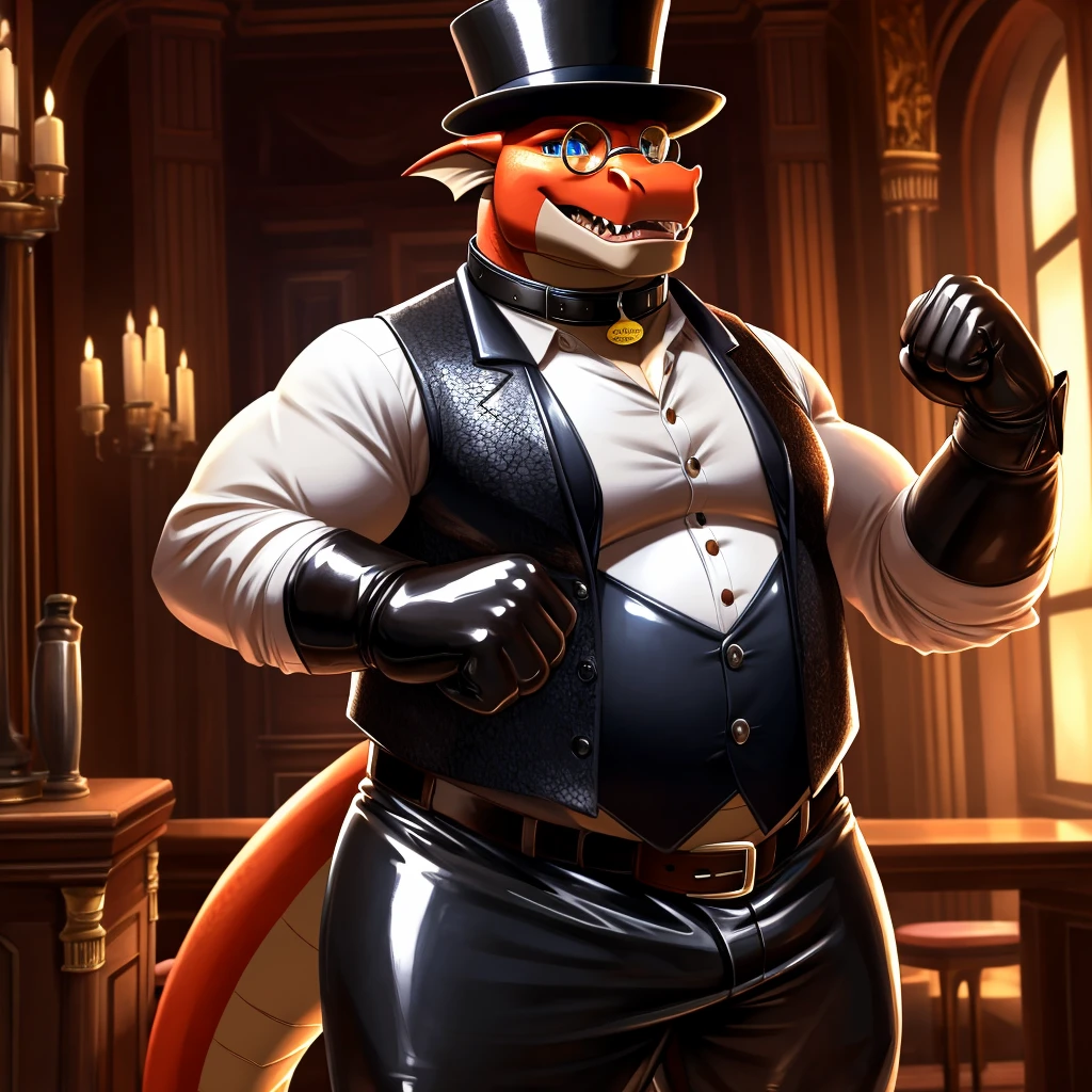 Solo, Male, fat, extremely obese, gentleman, dapper Professor Dragon, blue eyes, (posing:1.3), (soft shading), 4k, hi res, ((detailed face, detailed)), looking at viewer, mouth wide open, steampunk, collared shirt with buttons, top hat, male focus, Explorer Outfit, glasses, monocle, vest with buttons, sleeves rolled up, round eyewear, brown headwear, brown vest, Dragon is wearing a glossy leather dog collar around the neck, Dragon is wearing the leather collar and shirt and vest at the same time, Dragon is wearing glossy white rubber gloves on the hands, wearing white rubber gloves on the feet, gloves are rubber in texture, clenching teeth, clenching fists, leather collar is glossy and shiny with a lot of detail, Dragon is wearing gloves and leather collar at the same time, leather collar has a round dog-tag, leather collar is thick and detailed, leather collar is glossy and shiny, fancy clothing, dapper vest, dapper shirt, leather collar is thick, glossy leather collar.