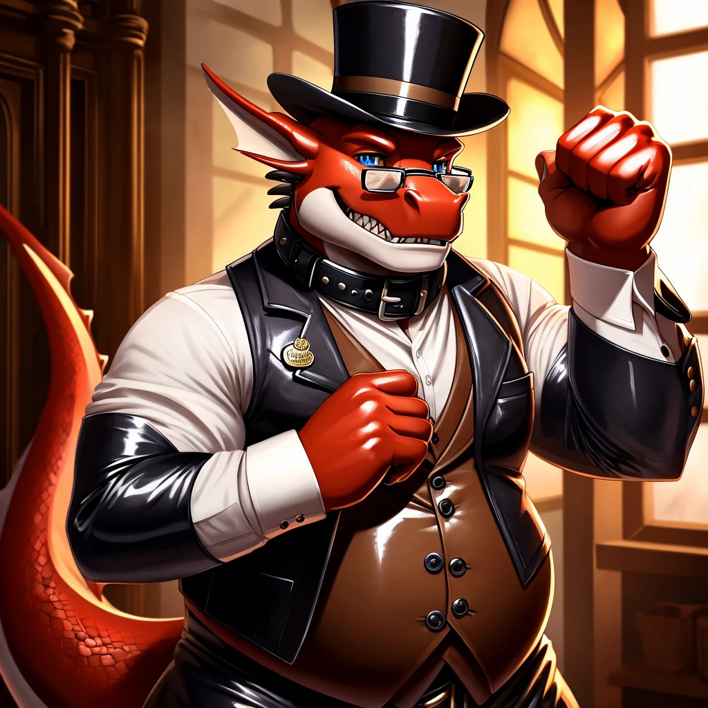 Solo, Male, fat, extremely obese, gentleman, dapper Professor Dragon, blue eyes, (posing:1.3), (soft shading), 4k, hi res, ((detailed face, detailed)), looking at viewer, mouth wide open, steampunk, collared shirt with buttons, top hat, male focus, Explorer Outfit, glasses, monocle, vest with buttons, sleeves rolled up, round eyewear, brown headwear, brown vest, Dragon is wearing a glossy leather dog collar around the neck, Dragon is wearing the leather collar and shirt and vest at the same time, Dragon is wearing glossy white rubber gloves on the hands, wearing white rubber gloves on the feet, gloves are rubber in texture, clenching teeth, clenching fists, leather collar is glossy and shiny with a lot of detail, Dragon is wearing gloves and leather collar at the same time, leather collar has a round dog-tag, leather collar is thick and detailed, leather collar is glossy and shiny, fancy clothing, dapper vest, dapper shirt, leather collar is thick, glossy leather collar.
