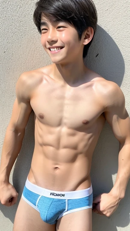 Japanese men、Short 12 years old、Well-developed muscles and smooth skin、Very short black hair、Relaxed smile、Open your mouth、Boxer briefs with a flashy design、Toned body、The whole body is visible