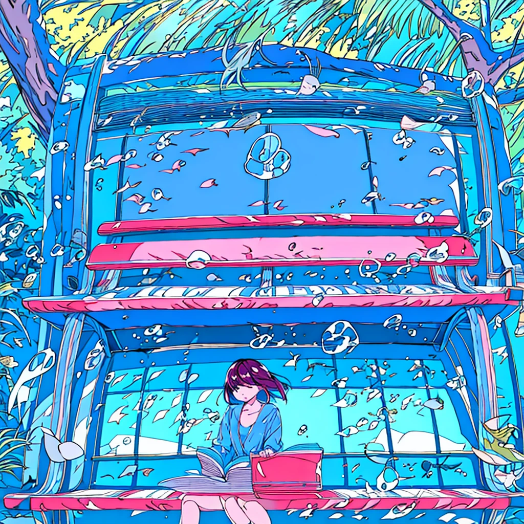 Summer A woman is sitting on a bench Sunlight through the trees Simple Nostalgic Reading a book