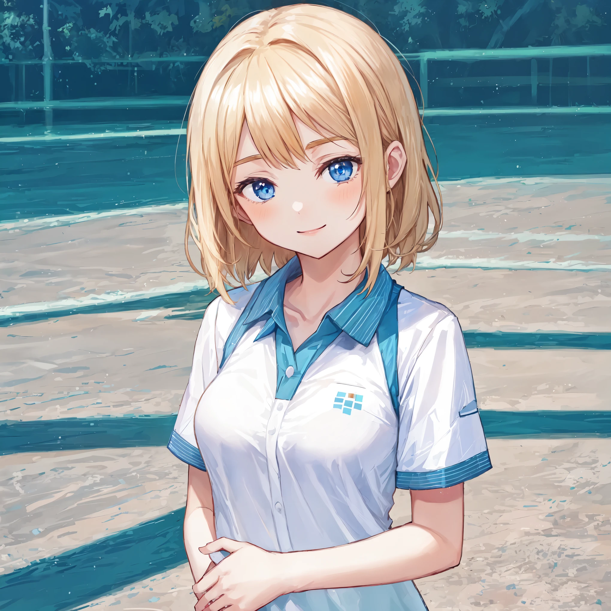 smile,look away,テニスウェア,peace,テニスコート,フォトリアル1;4,shoulder length blond hair, {{beautiful medium size breasts 1:4}},{{schoolgirl}},top quality,cute girl,high quality background, slanted eyes, detailed shirt chest wrinkles,BREAK, {{beautiful blue eye1:4}}, BREAK, five fingers