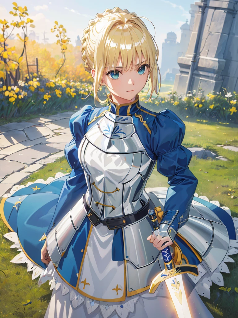 (masterpiece:1.4), (Highest quality:1.4), Realistic, One girl, Artoria Pendragon, armor,, (destiny/Stay Night\), sword, holding sword:1.1), High resolution, Cowboy Shot, Outdoor, unity 8k wallpaper, (figure:0.8), (Beautiful attention to detail:1.6), Highly detailed face, Perfect lighting, Highly detailed CG, (3D Face:1.1), (Shiny skin:1.5), (超High resolution intricate face details), (Facial skin pores:1.3), 超High resolution cloth texture, (Canon EOS-1D X Mark III camera for outstanding detail:1.2), (Combined with Canon EF24-70mm f/2.8L II USM Lens:1.2), (エクスカリバーの大きなswordを持っている:1.2)