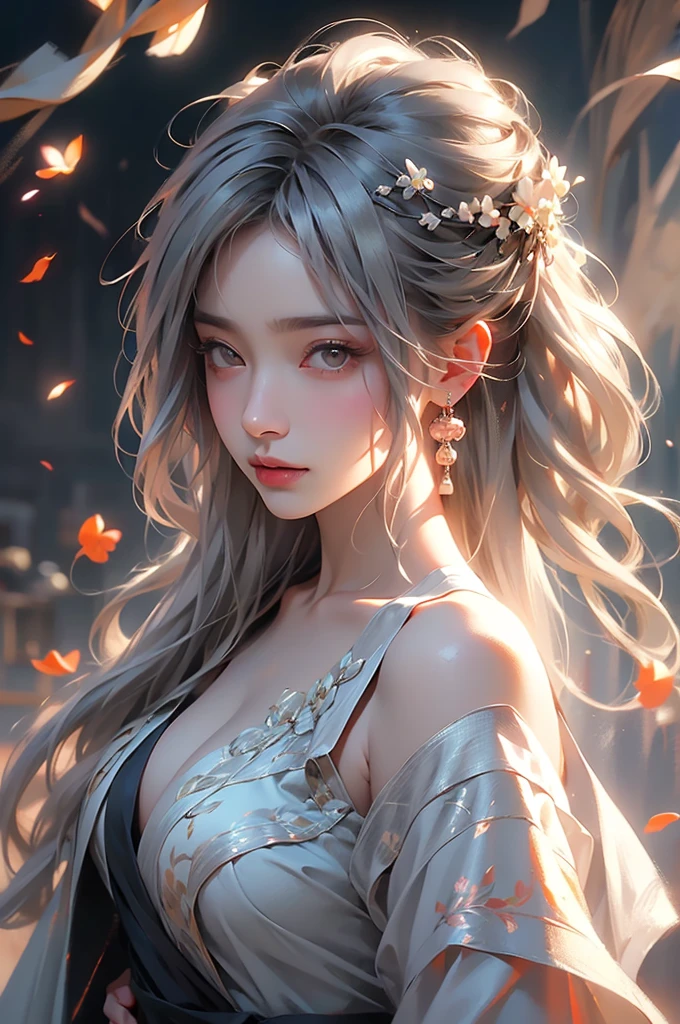 super high quality, masterpiece, Perfect illustration, Very detailed (Exquisite light and shadow, Very dramatic photo,Backlight) , ((Gray Hair:1.5))1 Girl,(( alone:1.6)), (Wearing Han clothes, Black and white Hanfu,Monotony,Long sleeve) Flower Field, Flowers, (White smoke:1.3) (Realistic:1.4), Zen Intertwining, Tangled, Official Art, unity 8k wallpaper, Very detailed, Beautiful and beautiful, masterpiece, Highest quality, (Dynamic Angle: 1.4), Glowing Skin, (Floating colorful flashes: 1) The most beautiful chaotic shapes, elegant, Brutalist Design, Bright colors, Romantic Depth of Field Exotic_dance, half_naked、（Off the shoulder:1.4, Expose your shoulders、Ample breasts、Beautiful cleavage、Distant valley）.((from diagonally forward)).((The action of tucking hair behind the ear))
