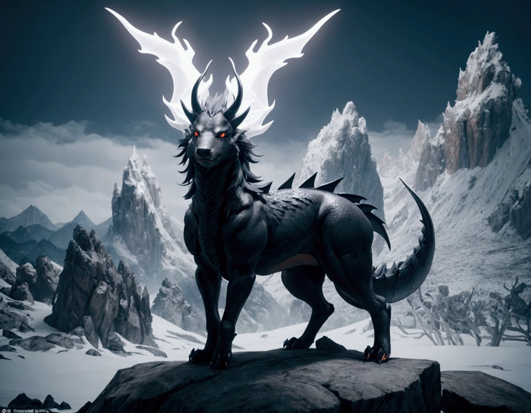 full body portrait of a realistic female obsidian black dragon, wings, horns, antlers, twisting horns, curled horns, wolf shaped head, glowing white eyes, white fire, mysterious mountain scenery, full body, cinematic, render, 8k, unreal engine, realistic, masterpiece, high detail, full body, low life, volumetric lighting