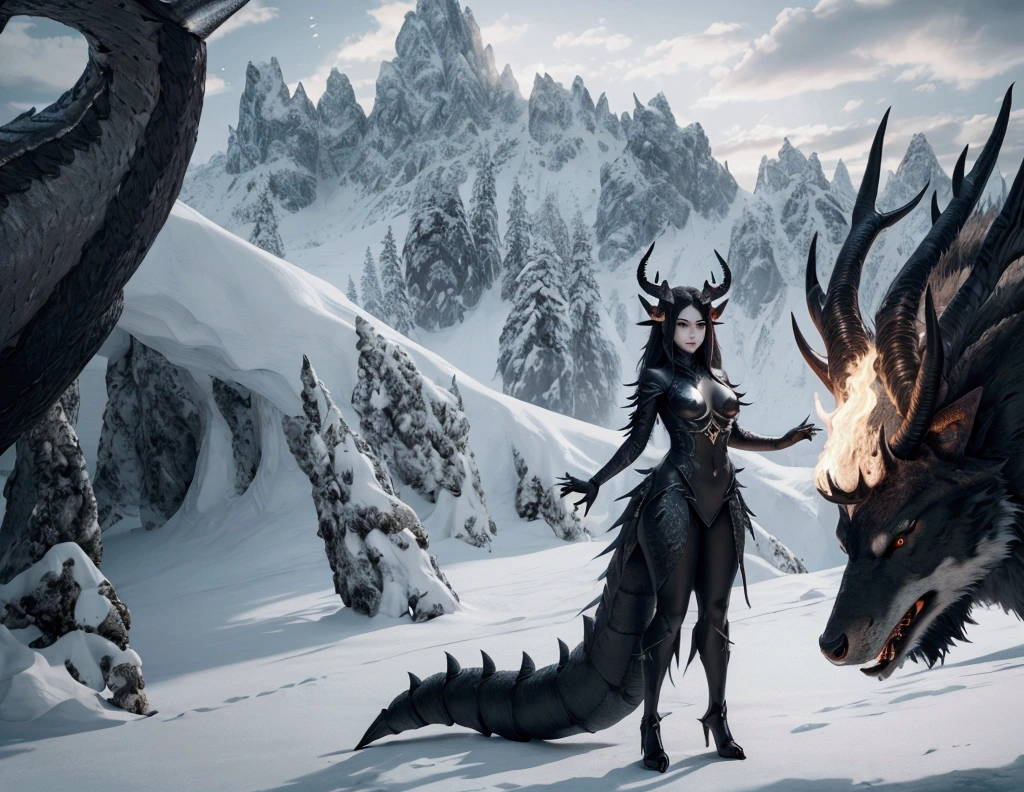 full body portrait of a realistic female obsidian black dragon, wings, horns, antlers, twisting horns, curled horns, wolf shaped head, glowing white eyes, white fire, mysterious mountain scenery, full body, cinematic, render, 8k, unreal engine, realistic, masterpiece, high detail, full body, low life, volumetric lighting