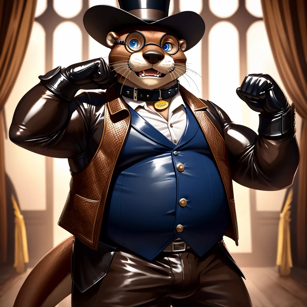 Solo, Male, fat, extremely obese, gentleman, dapper Professor Otter, blue eyes, (posing:1.3), (soft shading), 4k, hi res, ((detailed face, detailed)), looking at viewer, mouth wide open, steampunk, collared shirt with buttons, top hat, male focus, Explorer Outfit, glasses, monocle, vest with buttons, sleeves rolled up, round eyewear, brown headwear, brown vest, Otter is wearing a glossy leather dog collar around the neck, Otter is wearing the leather collar and shirt and vest at the same time, Otter is wearing glossy white rubber gloves on the hands, wearing white rubber gloves on the feet, gloves are rubber in texture, clenching teeth, clenching fists, leather collar is glossy and shiny with a lot of detail, Otter is wearing gloves and leather collar at the same time, leather collar has a round dog-tag, leather collar is thick and detailed, leather collar is glossy and shiny, fancy clothing, dapper vest, dapper shirt, leather collar is thick, glossy leather collar.
