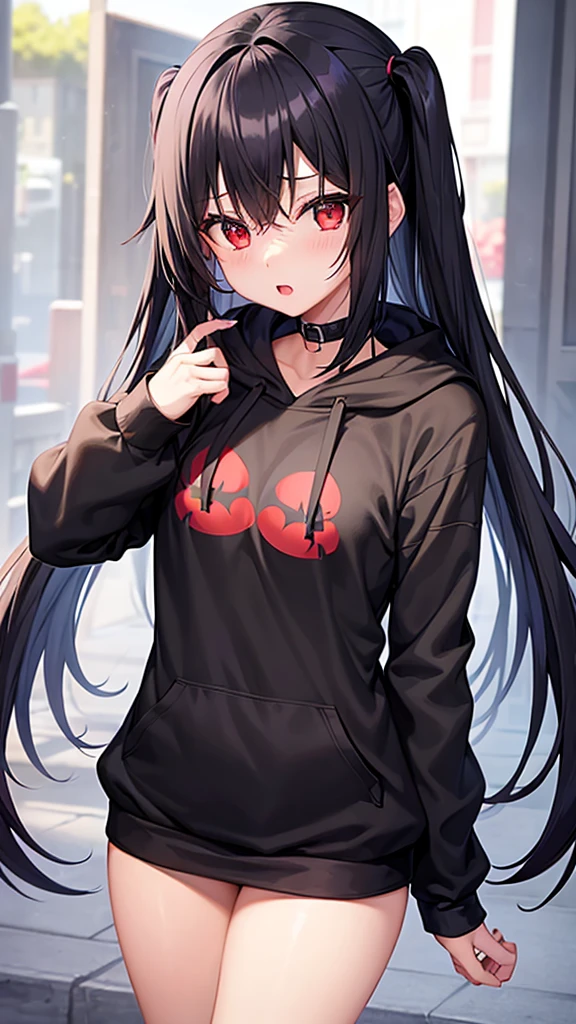 One girl、Red eyes、Black Hair、Black hoodie、Too much exposure、cute、Small breasts