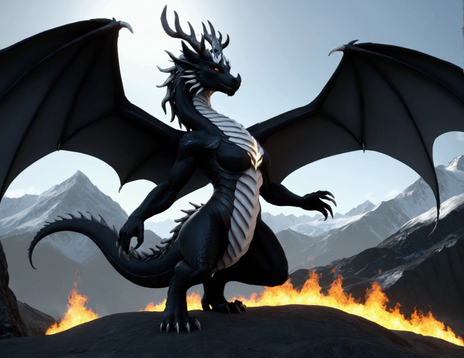 full body portrait of a realistic female obsidian black dragon, wings, horns, antlers, twisting horns, curled horns, wolf shaped head, glowing white eyes, white fire, mysterious mountain scenery, full body, cinematic, render, 8k, unreal engine, realistic, masterpiece, high detail, full body, low life, volumetric lighting