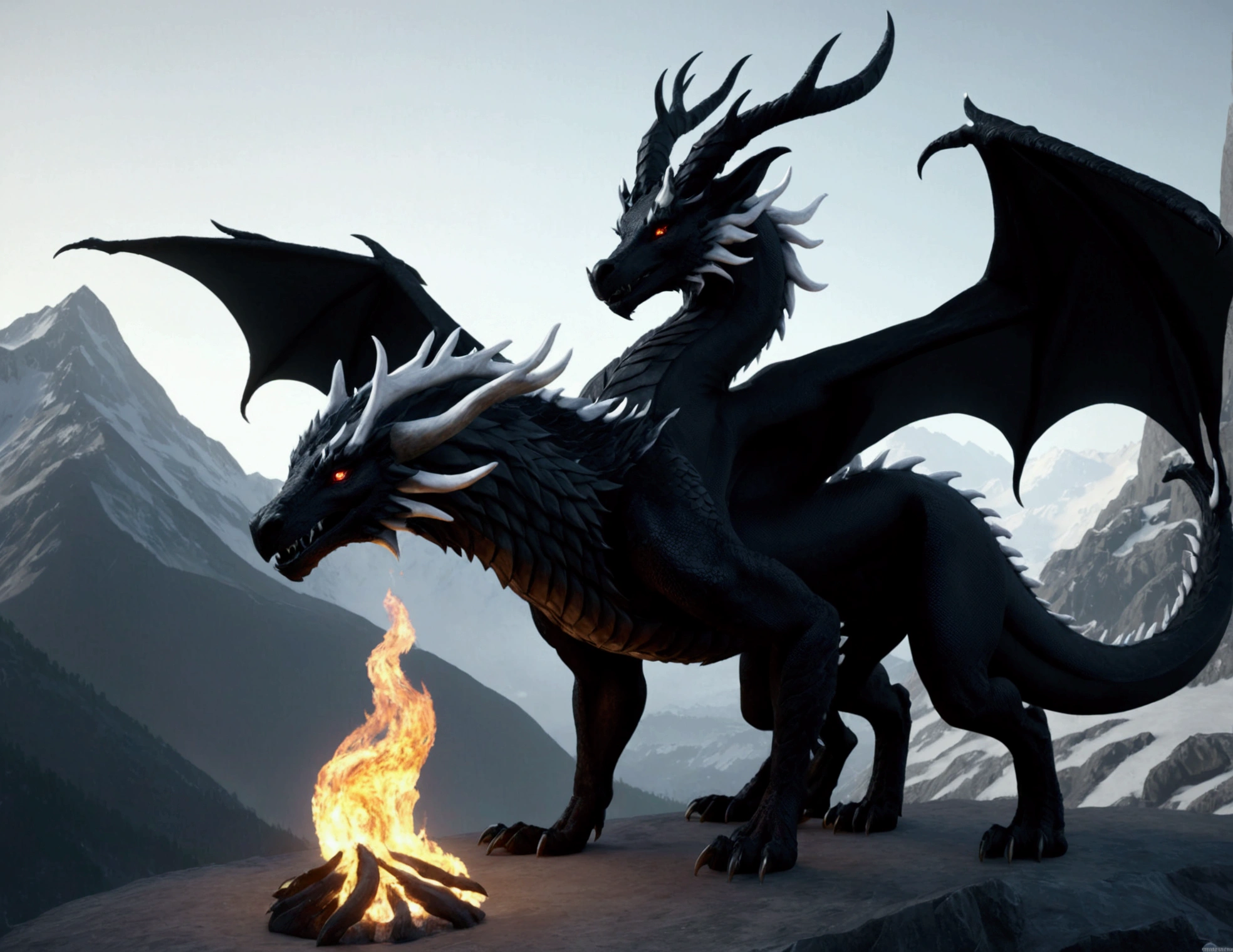 full body portrait of a realistic female obsidian black dragon, wings, horns, antlers, twisting horns, curled horns, wolf shaped head, glowing white eyes, white fire, mysterious mountain scenery, full body, cinematic, render, 8k, unreal engine, realistic, masterpiece, high detail, full body, low life, volumetric lighting