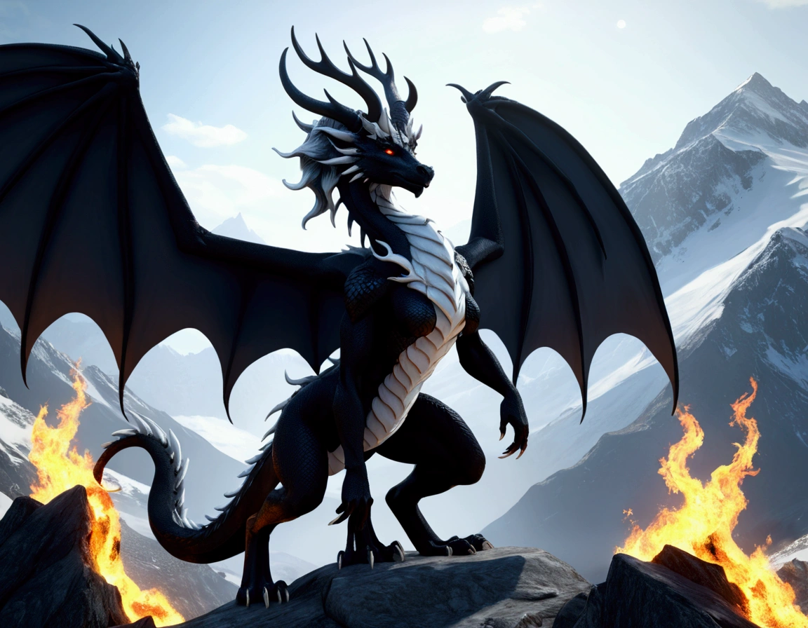 full body portrait of a realistic female obsidian black dragon, wings, horns, antlers, twisting horns, curled horns, wolf shaped head, glowing white eyes, white fire, mysterious mountain scenery, full body, cinematic, render, 8k, unreal engine, realistic, masterpiece, high detail, full body, low life, volumetric lighting