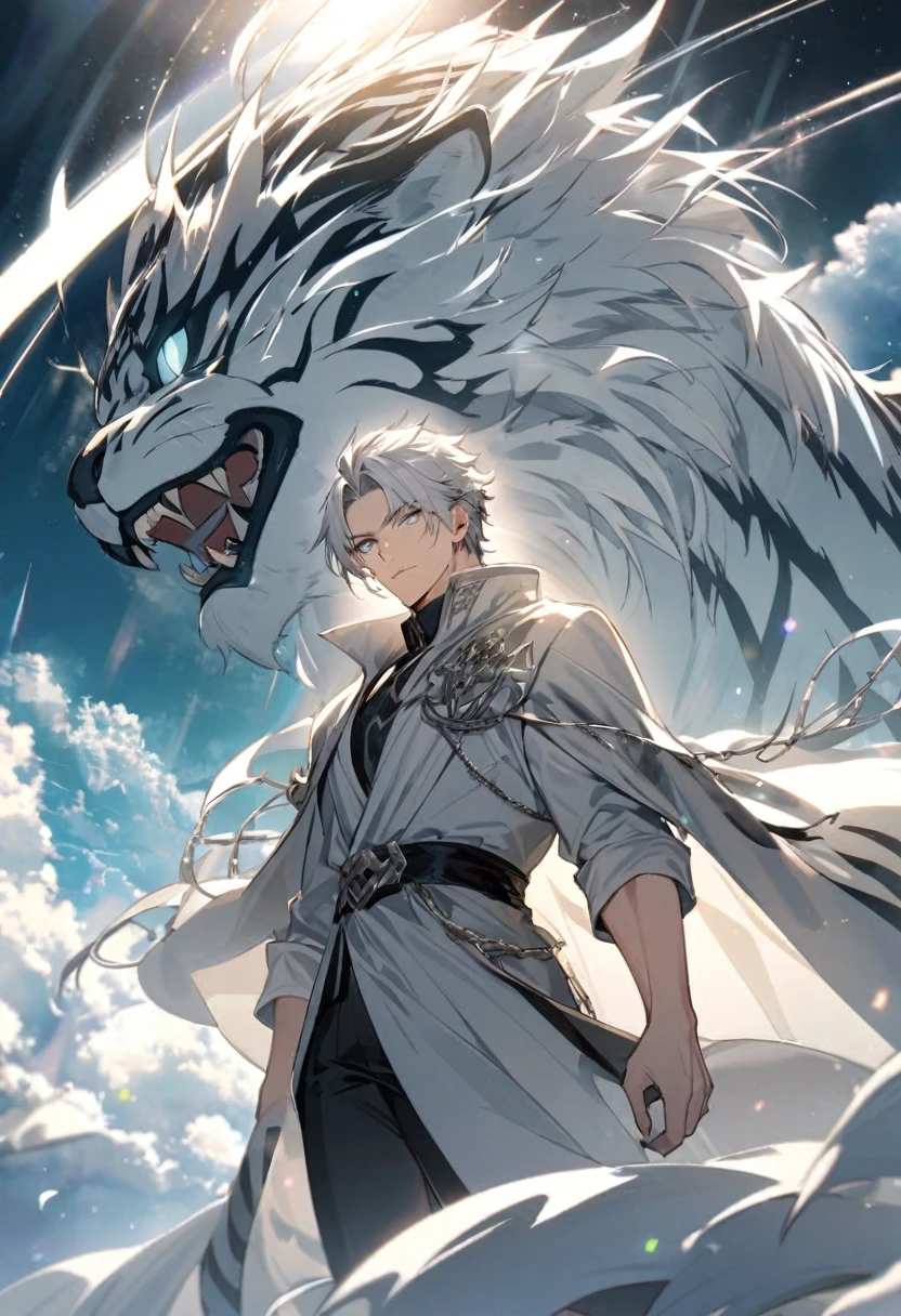 male, silver cloak, silver hair, parted bang, silver eyes, heaven, sky tiger, handsome, justice