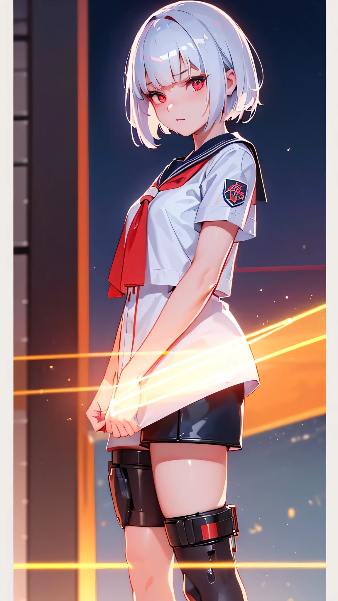 a girl with short white hair, red eyes, wearing a mechanical sailor uniform, standing in a night sky with neon colors and lights, holding two pistols and looking up diagonally, (best quality,4k,8k,highres,masterpiece:1.2),ultra-detailed,(realistic,photorealistic,photo-realistic:1.37),shallow depth of field