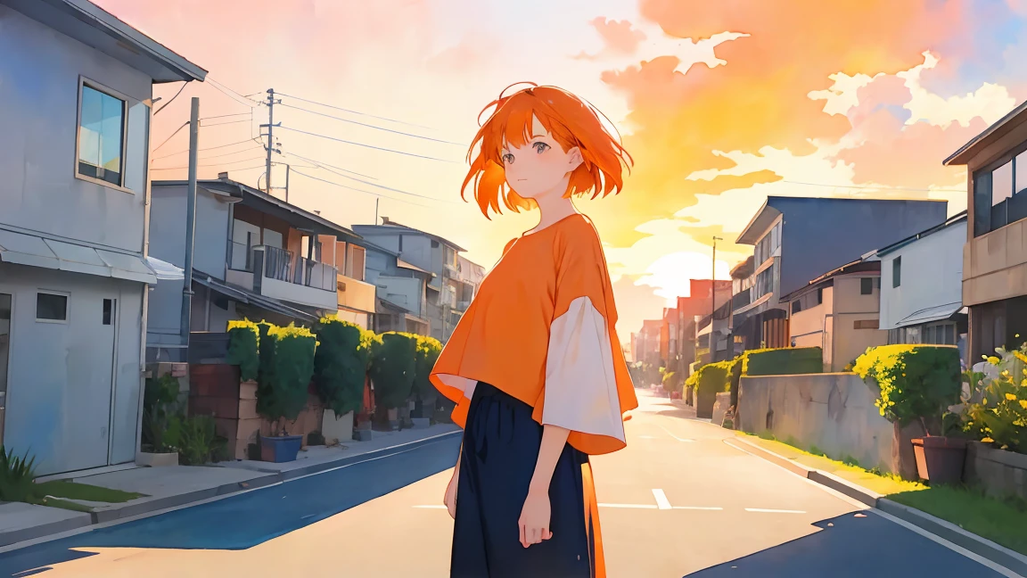 watercolor,building,Girl in the distance,sunset,setting sun,Big Sky,Orange Hair,Bob Hair,Sad expression,whole body,high resolution