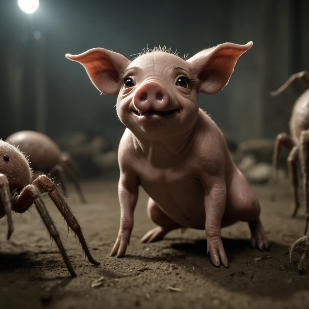 Movie stills Spider Pig, Shallow depth of field, Vignette, Very detailed, big budget hollywood movie, CinemaScope, Sulky, amazing, nice,