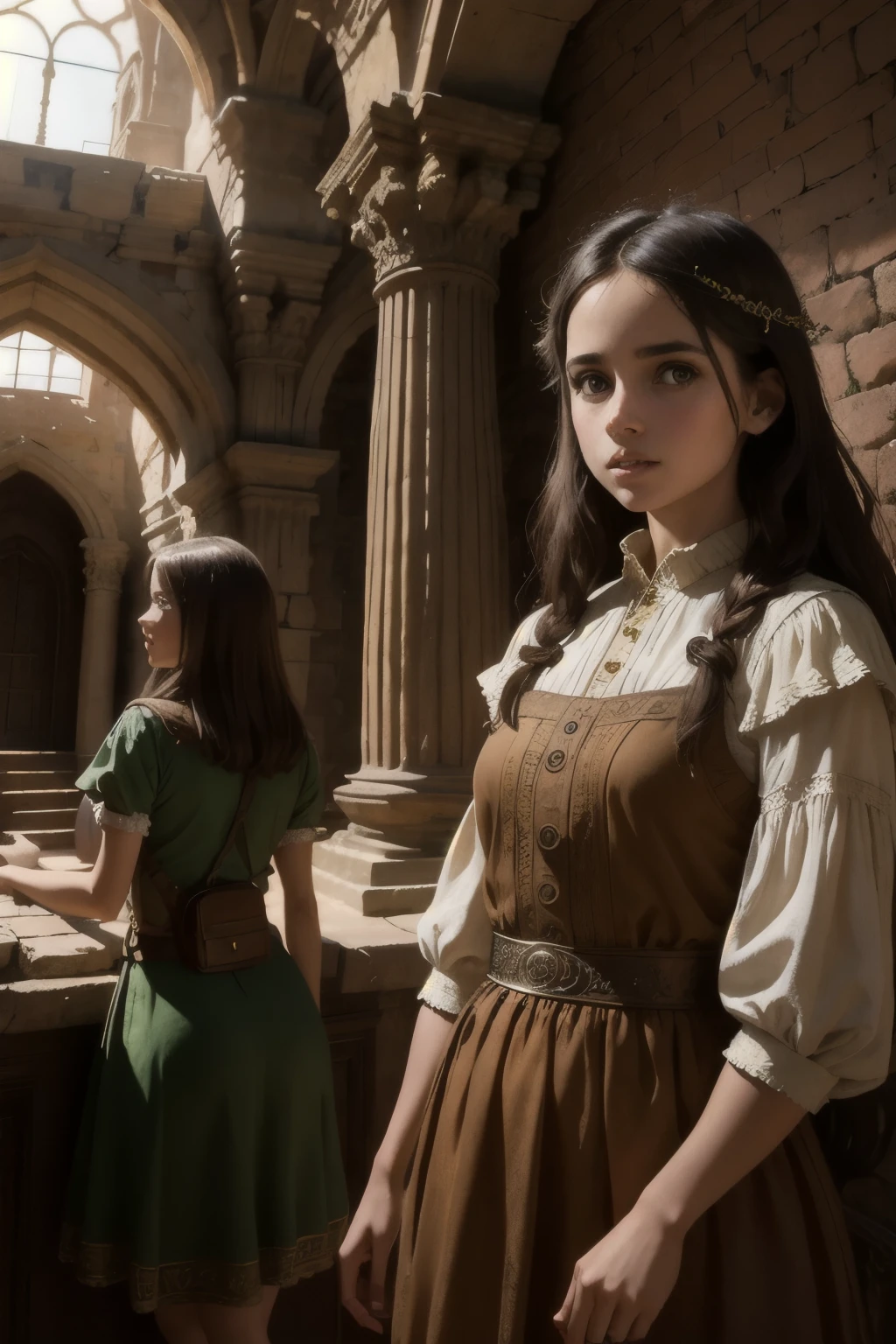 a detailed fantasy scene of three young girls exploring an ancient, mysterious house, detailed eyes and faces, highly realistic, photorealistic, 8k, hyper detailed, beautiful intricate architecture, crumbling ruins, sunlight filtering through windows, cobwebs, dust motes, antique furniture, ornate details, sense of adventure and discovery, warm color tones, dramatic lighting