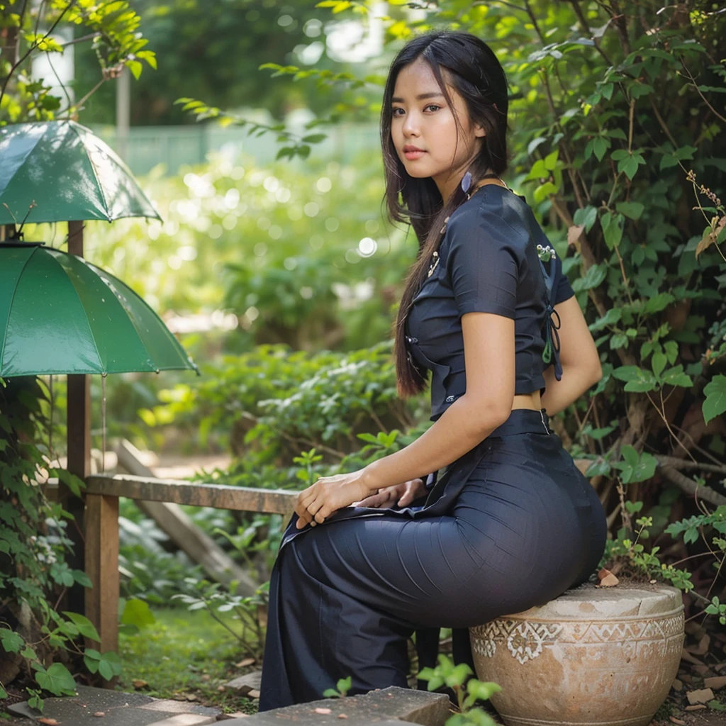 (masterpiece), (best quality), (ultra detailed),(disheveled hair),(illustration), (1girl), (Fashionable clothing), standing, (full body view), looking at viewer, (interview), (simple background),beautiful detailed eyes, delicate beautiful face,  best lighting, best shadowkorean, gorgeous lady,
attractive beautiful face, wearing myanmar outfit , ((acmm ls outfit, wearing acmm top, accm black satin top, wearing acmm long skirt, accm red satin long skirt, printed skirt)), (stiletto high heel), 
standing,  
hand together in front, 
standing near the street,
long black hair on shoulders, 
sexy and seductive eyes, 
high angle shot, 
beautiful nose,
mdeium size breast and buttock,
hyperrealistic 
,  Sitting , Long Green skirt, Perfect Butt,Perfect  ,Sitting ,Looking Back side , perfect anatomy, perfect body composure,