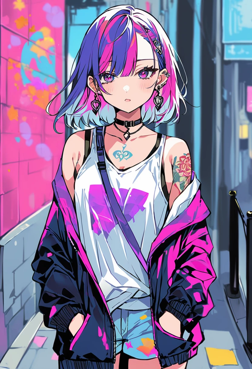 Inner color hair、Tattoo、Earrings、Street fashion