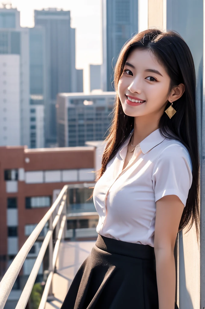 Rooftop of university building, 4th university student, ((full body)), ((photo)), ((best qualtiy, 8K, tmasterpiece:1.3)), Focus:1.2, perfect figure beautiful girl:1.4, 1girl, cowboy shot, look at viewer, eyes facing the camera, incredibly absurd, beautiful and cute girl with a photorealistic face, showcasing top-quality craftsmanship, A Japanese girl watching the sunset on the roof of a university building, 19 years old, long, straight, silky black hair, fair skin, big eyes, thin eyebrows, double eyelids, long eyelashes, pink lips, smile, devilish smile, gorgeous features, well-defined facial features, beautiful face line, mysterious beauty, slender, tall, well-balanced proportions, large E-cup breasts, white shirt, tight black skirt, beige pumps, gold necklace and bracelet, small earrings, elegant ring, pretty girl, beauty, devilish type, pretty older sister, passionate about art, sociable, friendly, positive, has leadership skills, is proactive, is flexible, gets things done efficiently, works hard towards dreams and goals, March