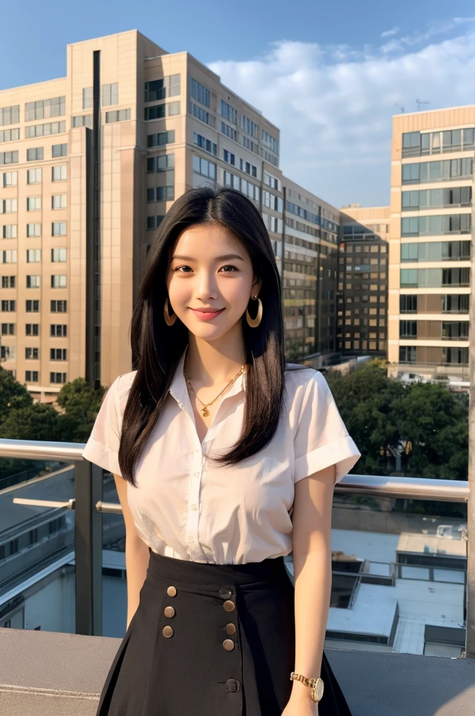 Rooftop of university building, 4th year university student, ((full body)), ((photo)), ((best qualtiy, 8K, tmasterpiece:1.3)), Focus:1.2, perfect figure beautiful girl:1.4, 1girl, cowboy shot, look at viewer, eyes facing the camera, incredibly absurd, beautiful and cute girl with a photorealistic face, showcasing top-quality craftsmanship, A Japanese girl watching the sunset on the roof of a university building, 19 years old, long, straight, silky black hair, fair skin, big eyes, thin eyebrows, double eyelids, long eyelashes, pink lips, smile, devilish smile, gorgeous features, well-defined facial features, beautiful face line, mysterious beauty, slender, tall, well-balanced proportions, large E-cup breasts, white shirt, tight black skirt, beige pumps, gold necklace and bracelet, small earrings, elegant ring, pretty girl, beauty, devilish type, pretty older sister, passionate about art, sociable, friendly, positive, has leadership skills, is proactive, is flexible, gets things done efficiently, works hard towards dreams and goals, March