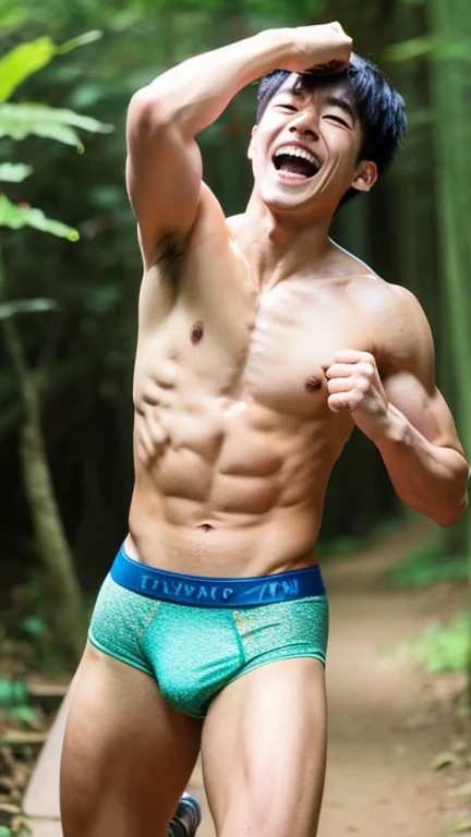 Young Japanese man、Well-developed muscles and smooth skin、Very short hair、Laugh with your mouth wide open、Fancy Briefs、Fist pump in the forest、