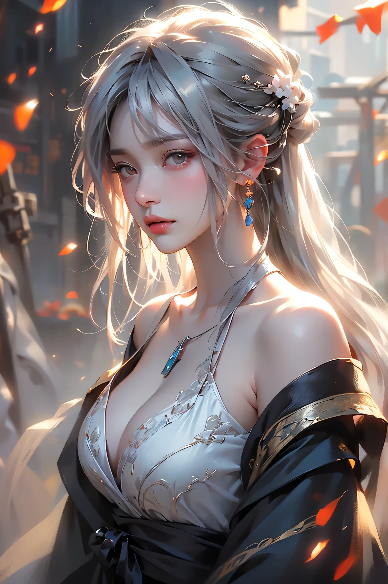 super high quality, masterpiece, Perfect illustration, Very detailed (Exquisite light and shadow, Very dramatic photo,Backlight) , ((Gray Hair:1.5))1 Girl,(( alone:1.6)), (Wearing Han clothes, Black and white Hanfu,Monotony,Long sleeve) Flower Field, Flowers, (White smoke:1.3) (Realistic:1.4), Zen Intertwining, Tangled, Official Art, unity 8k wallpaper, Very detailed, Beautiful and beautiful, masterpiece, Highest quality, (Dynamic Angle: 1.4), Glowing Skin, (Floating colorful flashes: 1) The most beautiful chaotic shapes, elegant, Brutalist Design, Bright colors, Romantic Depth of Field Exotic_dance, half_naked、（Off the shoulder:1.4, Expose your shoulders、Ample breasts、Beautiful cleavage、Distant valley）.((from diagonally forward)).((The action of tucking hair behind the ear))
