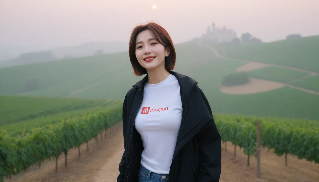 beautiful scenery, 8K Top Quality, Vivid picture quality, 1 woman, Beautiful 46-year-old Korean woman, slight wrinkles around the eyes, Chest size 34 inches, Model-level beautiful woman, italian countryside dawn, vineyard, The cathedral can be seen in the distance in a thick fog.. Red sunshine, The background is realistic and vivid quality.., short medium bob hair, White t-shirt that goes up to the neck, High-end luxury brand black windbreaker jacket, Smiling, Except red, Perfect and realistic photos, The background is realistic.. Full body shot with Canon camera 16-35 wide angle lens, expressionless, Climbing a hill covered in thick fog, walking towards the front camera