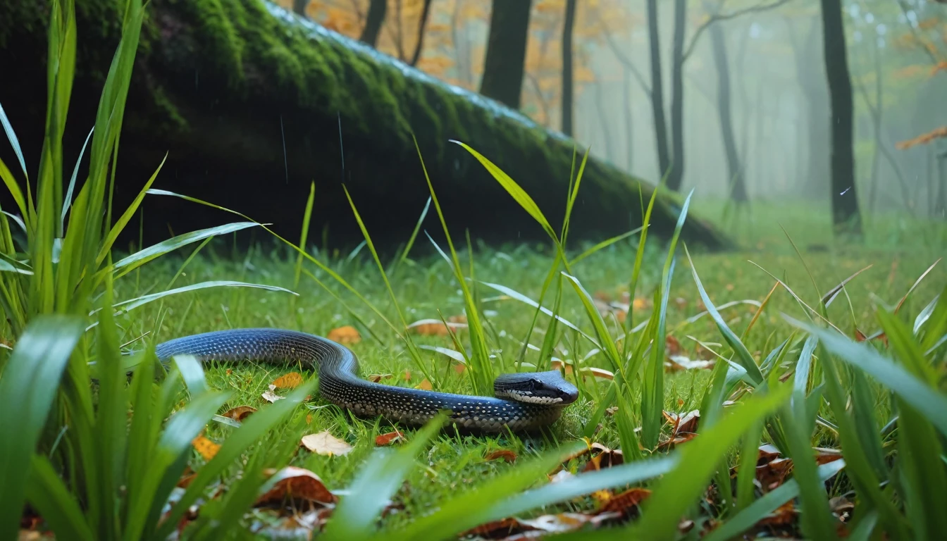 there is a Ophiopogon jaburan that is sitting on the grass, nature documentry footage, youtube video screenshot, today's featured photography 4k, autumn rain turkel, nature photography 4k, november, cinematic widescreen shot, leaves and magic, high quality screenshot, 2 0 2 1 cinematic 4 k framegrab, wide screenshot、雪が薄く積もっている